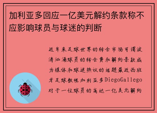 加利亚多回应一亿美元解约条款称不应影响球员与球迷的判断