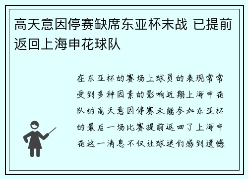 高天意因停赛缺席东亚杯末战 已提前返回上海申花球队