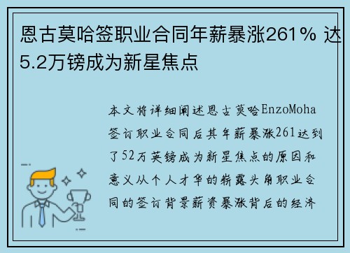 恩古莫哈签职业合同年薪暴涨261% 达5.2万镑成为新星焦点